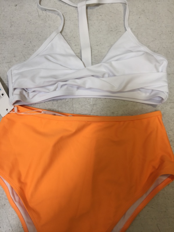Photo 4 of Solid White Bikini With Orange High Waisted Bottom Size: Medium