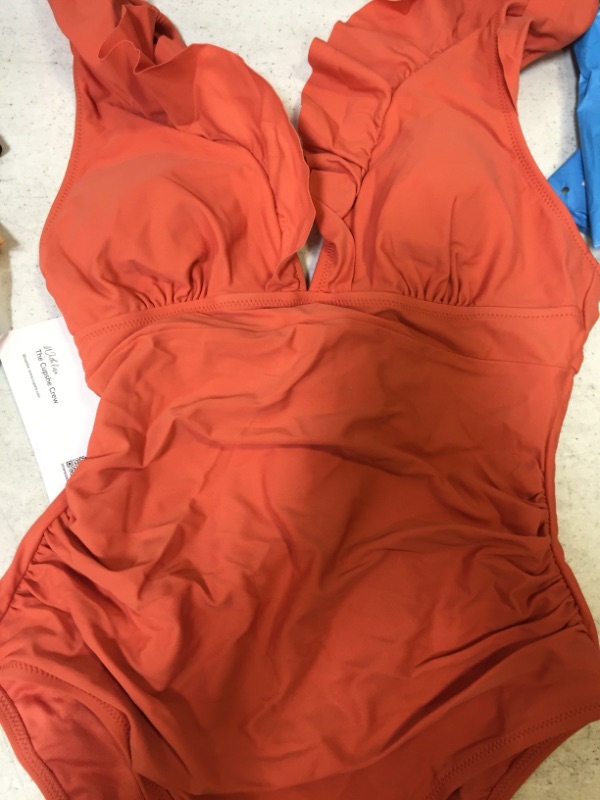 Photo 3 of Blake Orange V-Neck Ruffle Lace Up One Piece Swimsuit Size: Medium