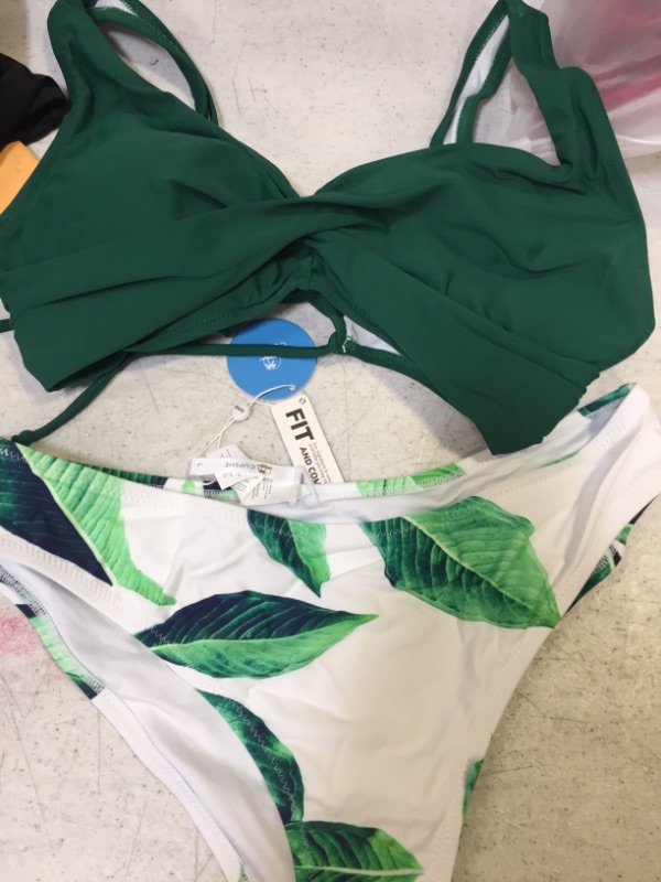 Photo 1 of Green Solid And Leafy Print Bikini Size: large