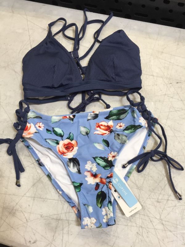 Photo 2 of Blue And Floral Lace-Up Bikini