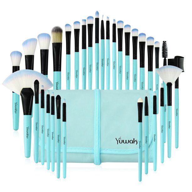 Photo 1 of 32 PCS Makeup Brushes Professional Soft Synthetic Kabuki Cosmetic Eyebrow Shadow Makeup Brush Set Kit, Contour Foundation Eyeshadow Face Tool Set Blending Brushes with Pouch Bag, Blue, Yuwaku 
