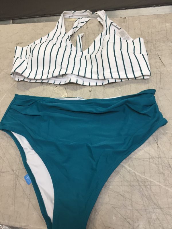 Photo 2 of Teal Solid And Striped High Waisted Bikini XL