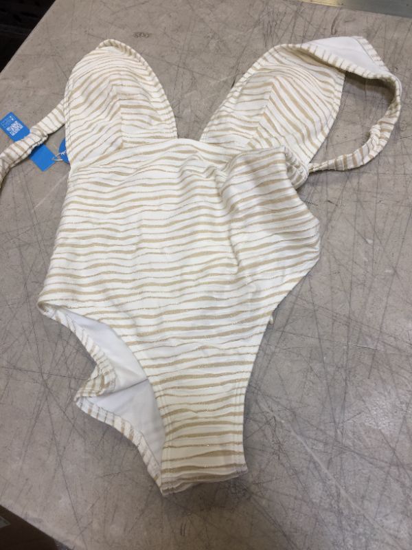 Photo 2 of Lurex Texture Deep Plunge Halter One Piece Swimsuit XS