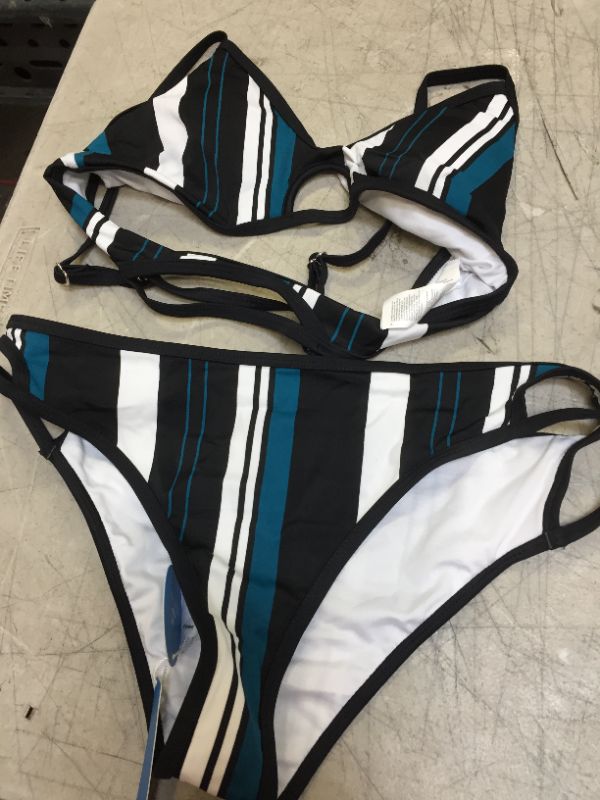 Photo 1 of Blue White And Black Striped Bikini MEDIUM
