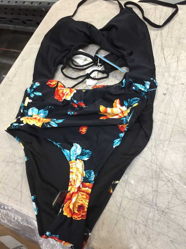 Photo 2 of Black Floral Print Halter One Piece Swimsuit MEDIUM