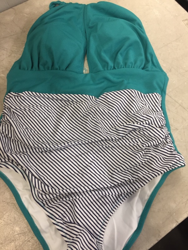 Photo 4 of Aqua Textured And Striped Halter One Piece Swimsuit Size Large