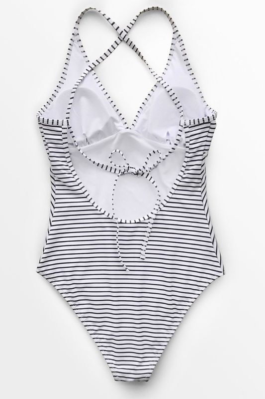 Photo 4 of Black And White Stripe V-Neck One Piece Swimsuit  Size: Large