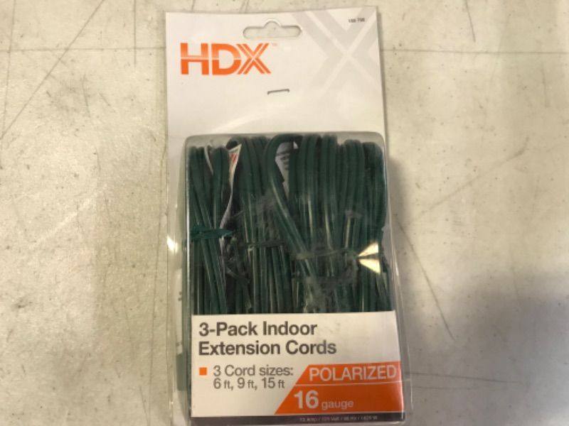 Photo 1 of Lot of 3 HDX 3-Pack Indoor Extension Cords 16 Gauge Polarized 6ft, 9ft, 15ft
