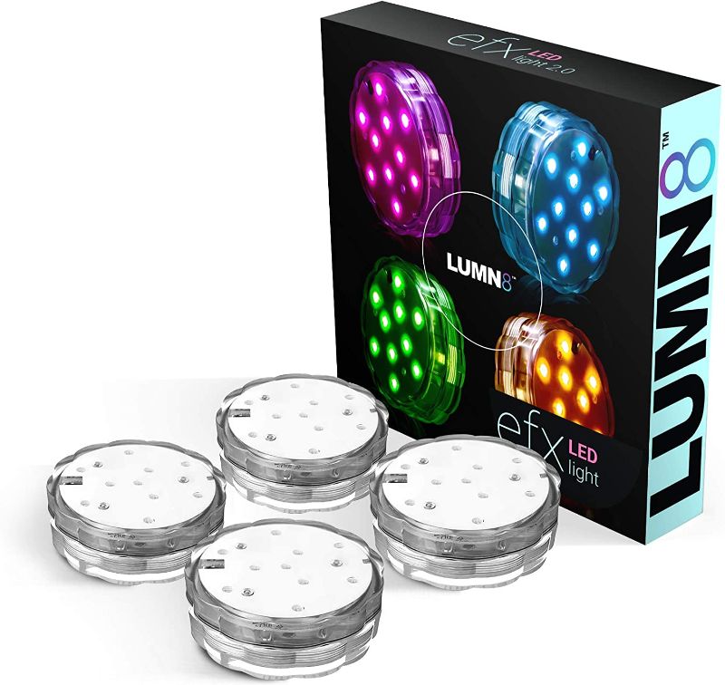 Photo 1 of LUMN8 EFX by Boundery - Multicolor Accent Submersible, Waterproof LED Lights - Premium Indoor & Outdoor Battery Operated Lights - LED Puck Light for Events, Patio, Pool, Hot Tub, Shower - 4-Pack
