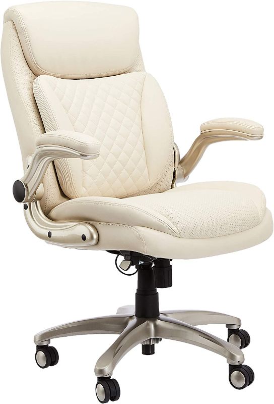 Photo 1 of AmazonCommercial Ergonomic Executive Office Desk Chair with Flip-up Armrests - Adjustable Height, Tilt and Lumbar Support - Cream Bonded Leather
