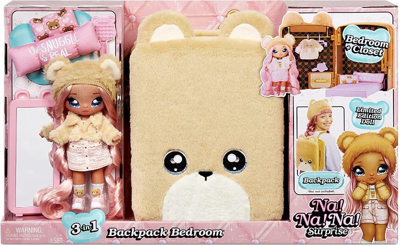 Photo 1 of Na Na Na Surprise 3-in-1 Backpack Bedroom Playset Sarah Snuggles Fashion Doll in Exclusive Outfit, Fuzzy Teddy Bear Bag, Closet with Pillows & Blanket Accessories, Gift for Kids, Ages 5 6 7 8+ Years
