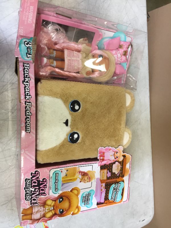 Photo 2 of Na Na Na Surprise 3-in-1 Backpack Bedroom Playset Sarah Snuggles Fashion Doll in Exclusive Outfit, Fuzzy Teddy Bear Bag, Closet with Pillows & Blanket Accessories, Gift for Kids, Ages 5 6 7 8+ Years
