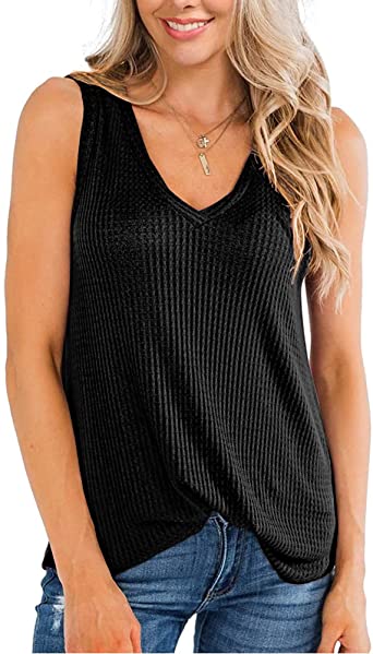 Photo 1 of WNEEDU Womens Waffle Knit V Neck Tank Tops Summer Casual Sleeveless Shirts Loose Tunic size S 

