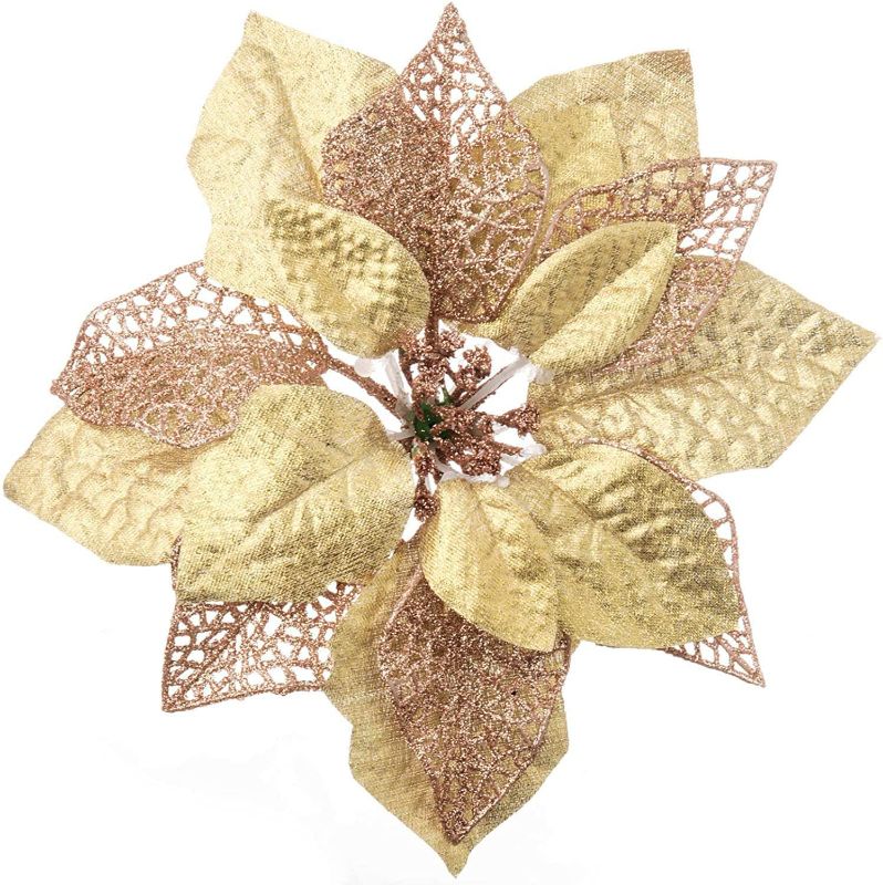 Photo 1 of 10 Pack Christmas Poinsettia Flowers Glitter Poinsettia Bushes Christmas Tree Flowers Christmas Poinsettia Ornament, Artificial Poinsettia Flowers Christmas Decorations-Rose Gold
