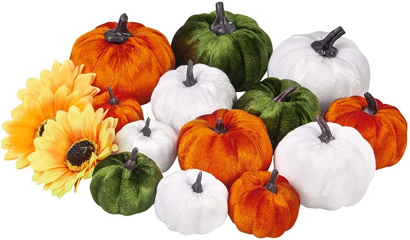 Photo 1 of 13 Pcs Velvet Pumpkins Decor with 50 Pcs Maple Leaves & 5 Pcs Sunflowers Artificial Pumpkins Fall Decor Set for Harvest Thanksgiving Halloween Farmhouse Home Table Decorations
