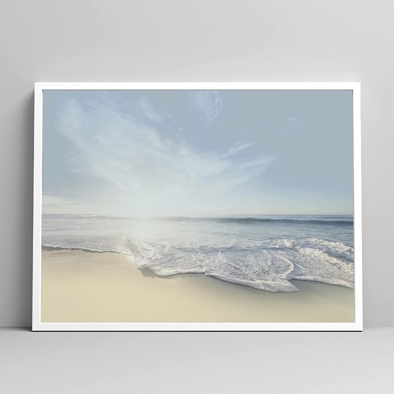 Photo 1 of Zenobia Framed Wall Art Print Dramatic Sunrise with Blue Sky and Waves Over Sandy Sea Coastal Ocean Photography Modern Art Beach Scenic Relax/Calm for Living Room, Bedroom, Office - 12"x16"
