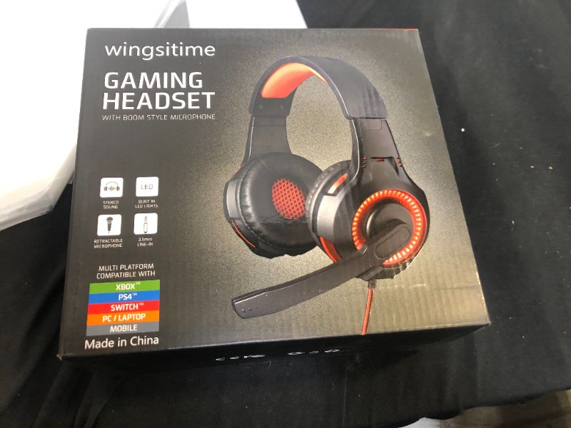 Photo 2 of Wingstime Gaming Headset for PS4 PS5 Xbox ONE PC Laptop Nintendo Switch with Microphone, Over Ear Headphone Stereo Sound Soft Noise Cancelling Memory Earmuffs, LED Light mic (Adapter Needed)
