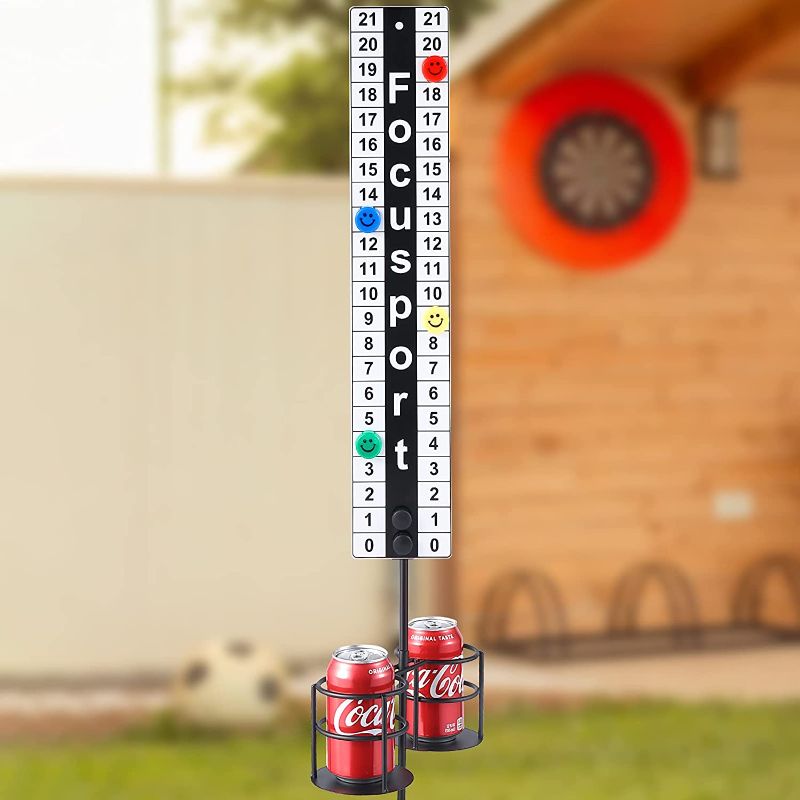 Photo 1 of Focusport Cornhole Scoreboard with Drink Holder, Metal Magnetic Score Keeper with Drinkholder Stake and Powerful Magnet, Hold Your Phone and Drinks, Keep Track of Score for Outdoor Game
