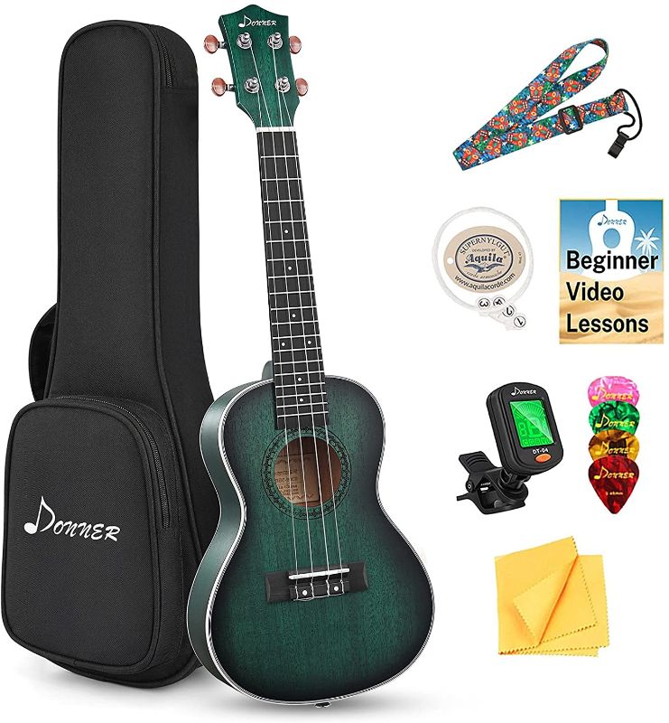 Photo 1 of Donner Concert Ukulele Professional 23 Inch Mahogany Ukelele for Kid Adult Beginner Ukele Bundle with Online Lesson Gig Bag Aquila String Pick Tuner Strap Cloth DUC-200G Green
