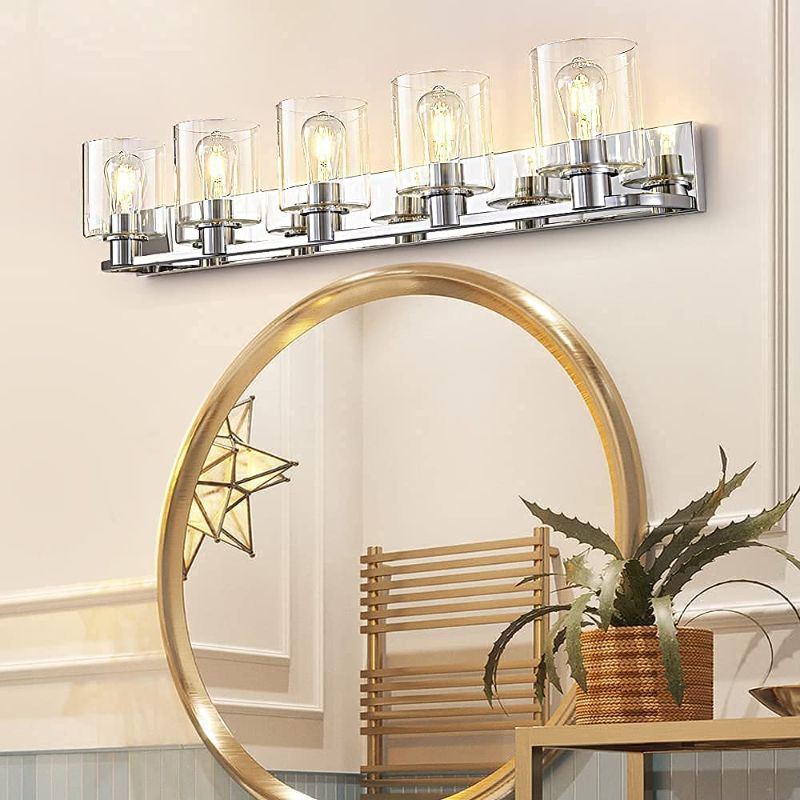 Photo 1 of Deyidn 5 Lights Bathroom Vanity Light Fixture Over Mirror Modern Wall Sconce Lighting Chrome Fixture with Glass for Farmhouse Bedroom Living Room
