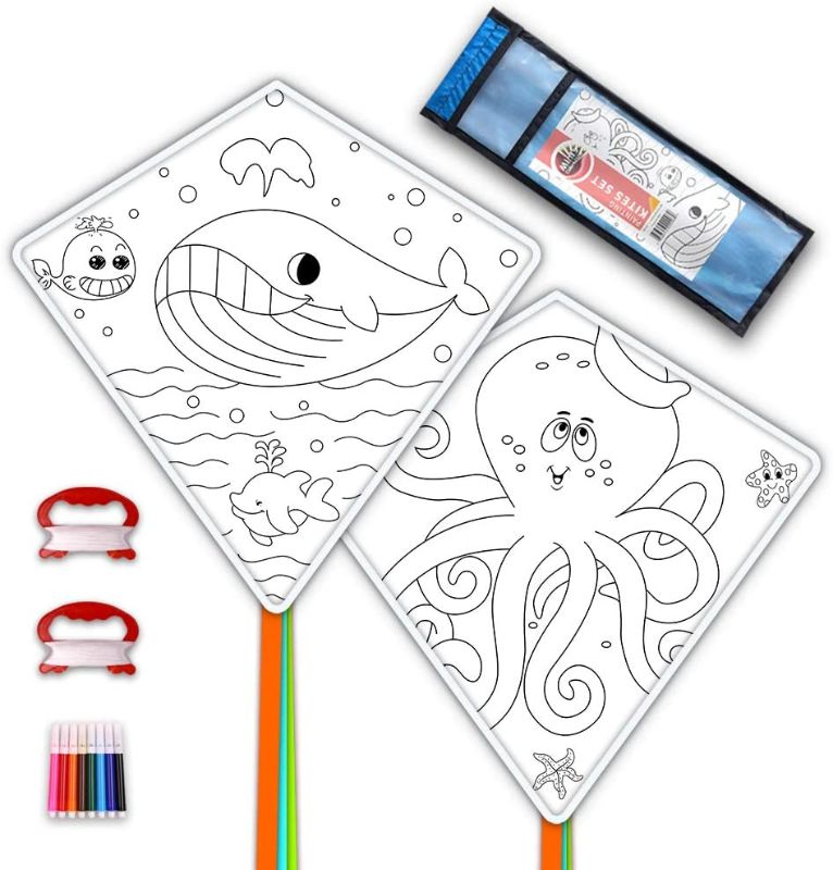 Photo 1 of DIY Kites for Kids Kite Making Kit Bulk, Decorating Coloring Kite Party Pack,White Diamond Kite Kits (2 Pack Ready to Color-Octopus Whale)
