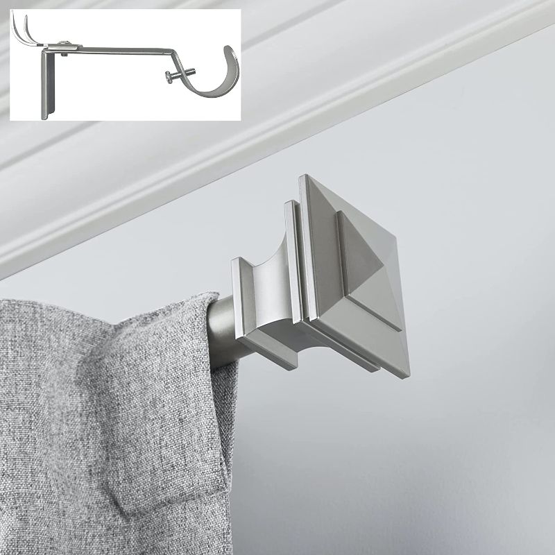 Photo 1 of 72-144" Nickel Curtain Rod, Quick Easy Installation, No Tools Option, 1" Diameter, Durable Steel Construction, Supports Heavy Fabrics, Decorative Square Finial, 4 Brackets Included, 72"-144" Adjustable Length, Nickel
