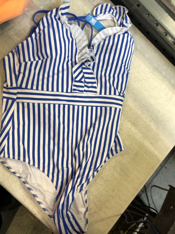Photo 2 of Blue And White Stripe Ruffle One Piece Swimsuit size extra large 
