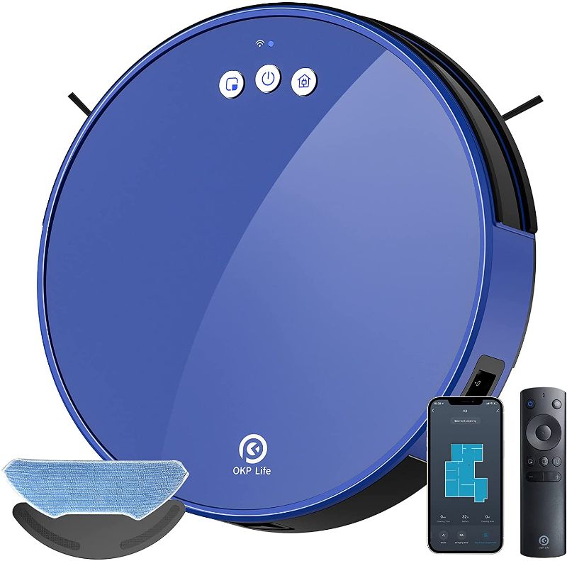 Photo 1 of OKP Robot Vacuum Cleaner, 2000Pa Super Suction, Two-Layer Dust Box Design, Self Charging, Quiet Cleaning for Pet Hair, Blue
