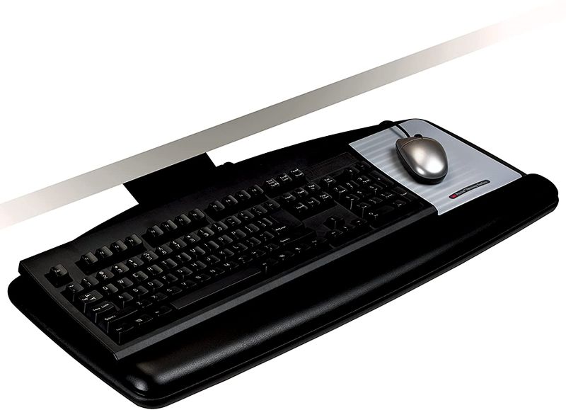 Photo 1 of 3M Keyboard Tray, Just Lift to Adjust Height and Tilt, Sturdy Tray Includes Gel Wrist Rest and Precise Mouse Pad, Swivels Side to Side and Stores Under Desk, 23" Track, Black (AKT90LE)
