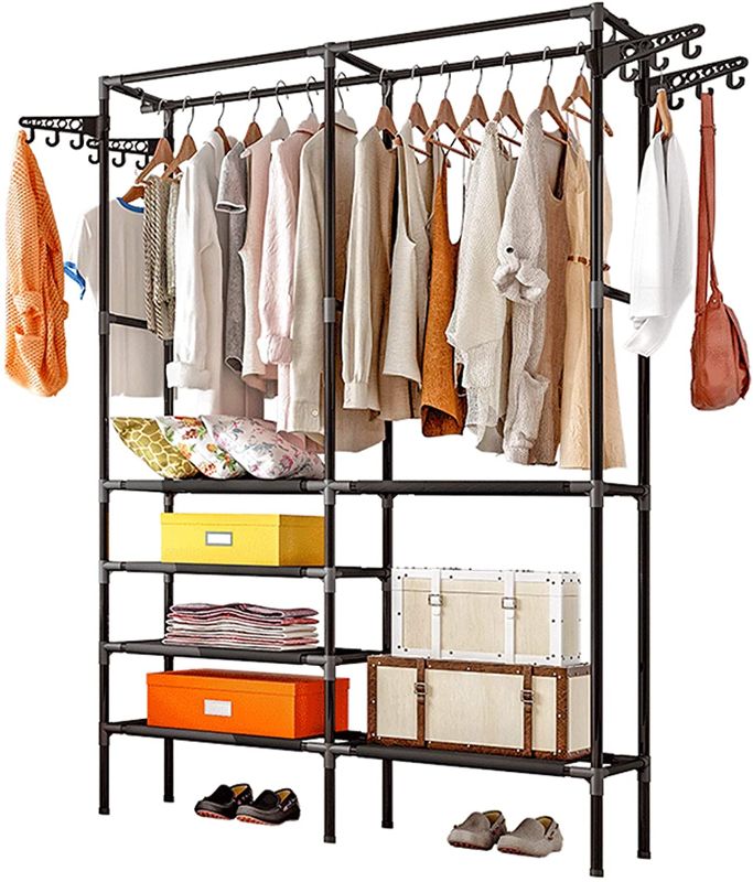 Photo 1 of Clothes Rack- Shoe Clothing Organizer Shelves- Hanging Heavy Duty Rack- Freestanding Multifunctional Wardrobe Closet- Closet with Hooks are More Convenient & Practical (Black)
