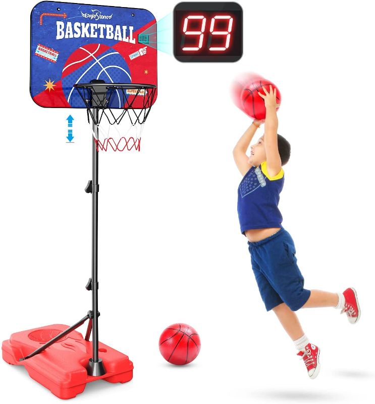 Photo 1 of Kids Basketball Hoop with Electronic Scoreboard, Height-Adjustable 3.5-5.8 FT, Indoor and Outdoor Basketball Set for Toddlers Age 3-12, Mini Basketball Hoop Rim for Young Kids to Start Off Basketball
