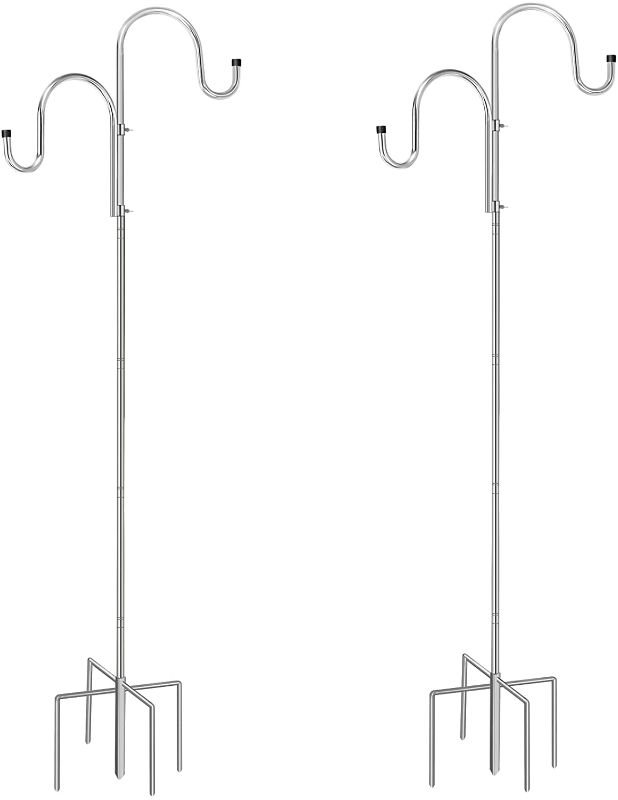 Photo 1 of 78 Inch Stainless Steel Shepherd Hooks for Bird Feeder Pole, Double Sided Hook for String Light,Height Adjustable with 5 Prong Base for Garden Plant Hanger Wedding Decor Wind Chimes ,Sliver( 2 Pack)
