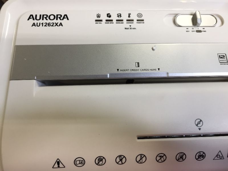 Photo 5 of Aurora AU1262XA 12-Sheet Crosscut Paper and CD/Credit Card Shredder, White/Gray
