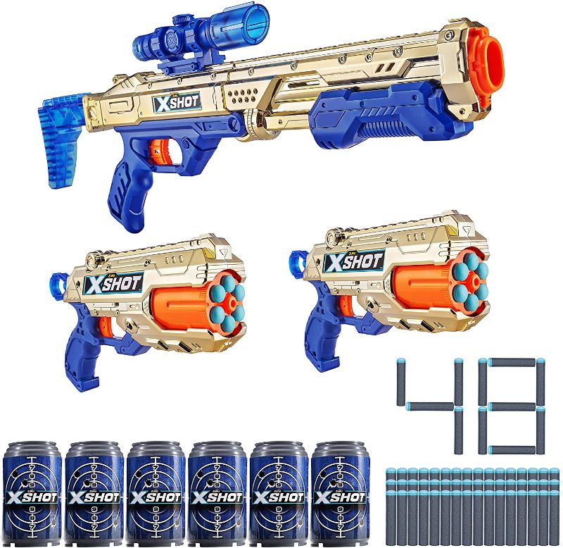Photo 1 of XShot X-Shot-EXCEL-Combo Pack Golden Hawk Eye/Reflex 6 and Double Kickback(6Cans,48Darts) Mail Box by Zuru, Multicolor (36485-S001)
