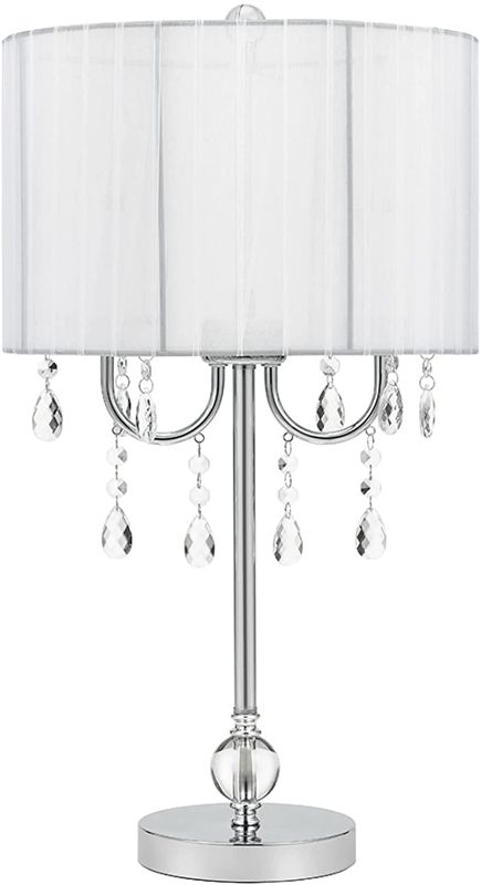 Photo 1 of Catalina 19519-003 Glam Chandelier Table Lamp with Dazzling Clear Beads & Organza Pleated Shade, 23 in, Chrome
