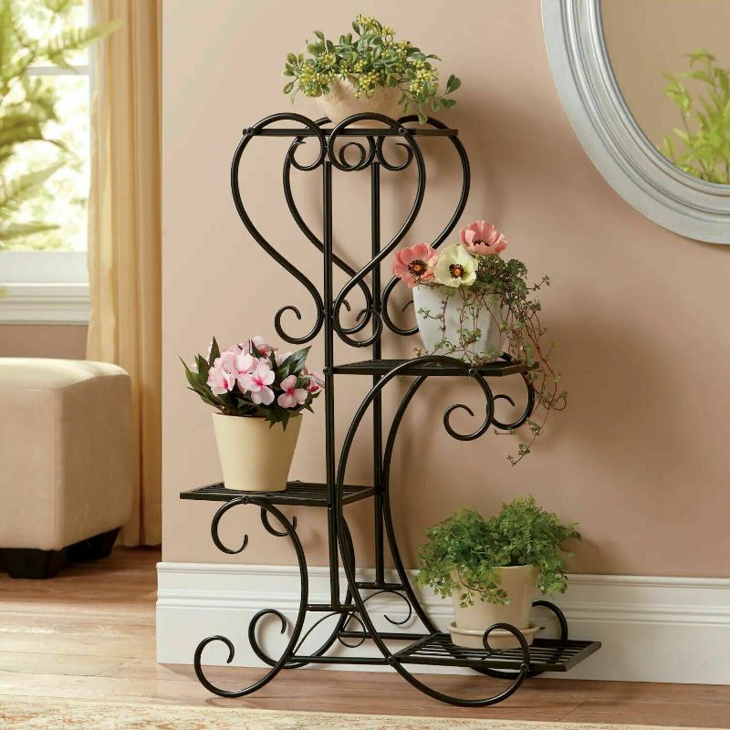 Photo 1 of 4 Pots Wrought Iron Rustproof Plant Stand Shelf Elegant Art Flower Holder Rack
