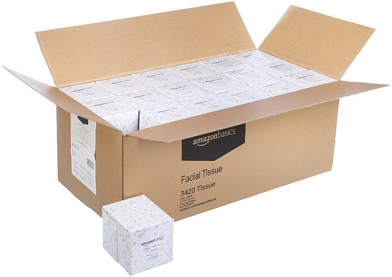 Photo 1 of Amazon Basics Professional Facial Tissue Cube Box for Businesses, 2-Ply, White,75 Tissues per Box, 18 boxes

