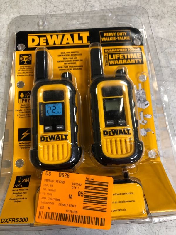 Photo 1 of DEWALT DXFRS300 1 Watt Heavy Duty Walkie Talkies - Waterproof, Shock Resistant, Long Range & Rechargeable Two-Way Radio with VOX (2 Pack)