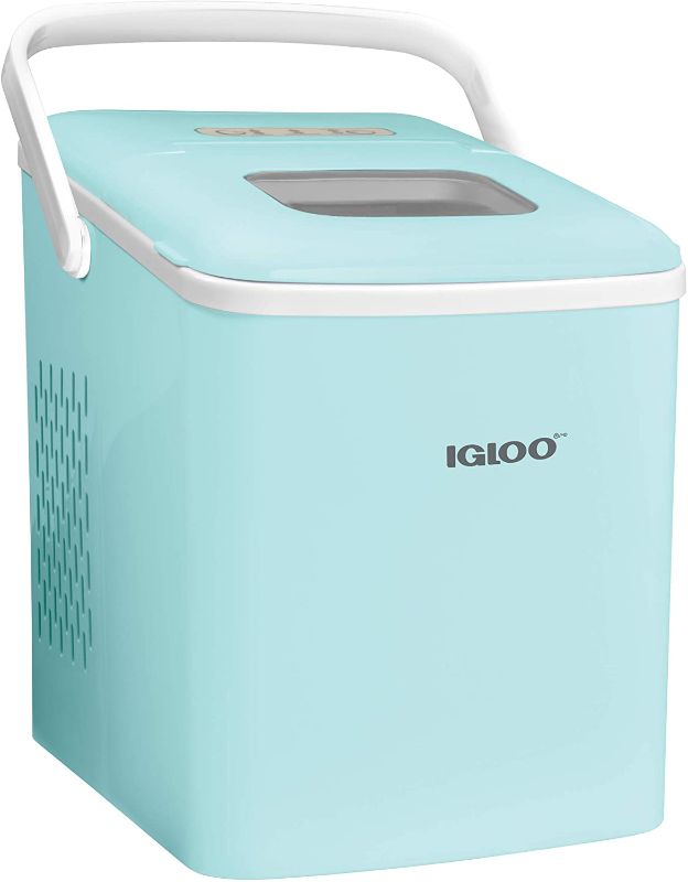 Photo 1 of Igloo ICEB26HNAQ Automatic Self-Cleaning Portable Electric Countertop Ice Maker Machine With Handle, 26 Pounds in 24 Hours, 9 Ice Cubes Ready in 7 minutes, With Ice Scoop and Basket, Aqua
