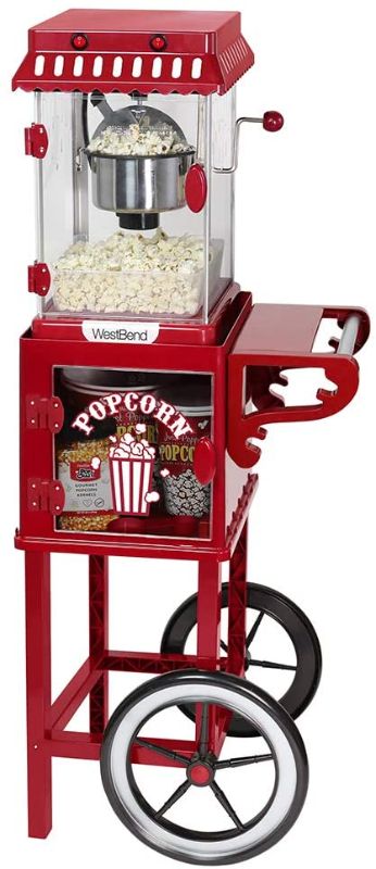 Photo 1 of West Bend PCMC20RD13 Popcorn Cart 2.5-Ounce Non-Stick Stainless Steel Kettle Makes 10 Cups Features Prep Shelf Storage and Wheels for Easy Mobility Includes Measuring Tool, Red
