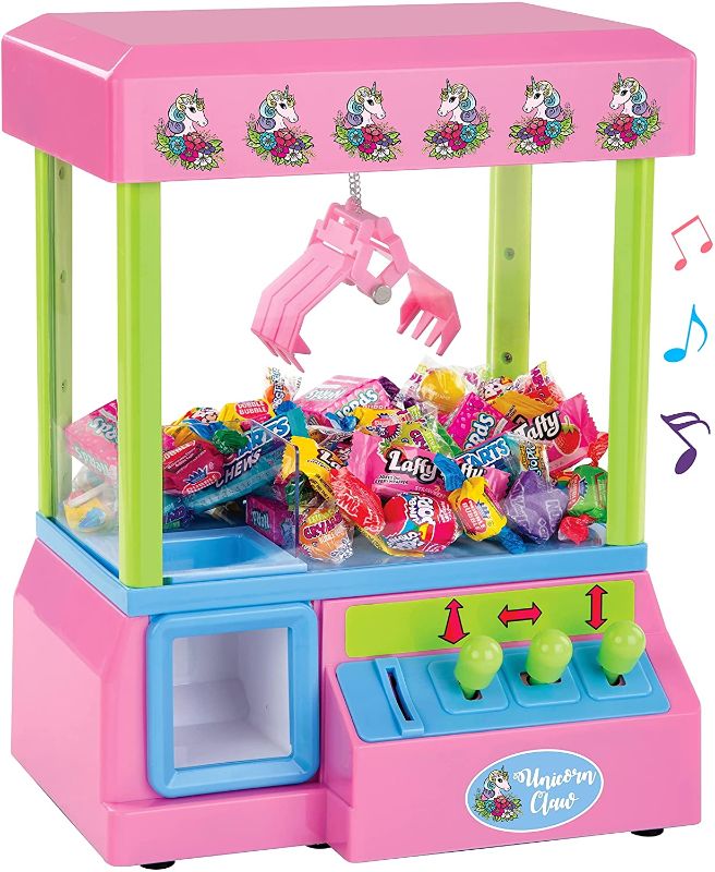 Photo 1 of Bundaloo Unicorn Claw Machine Arcade Game and Candy Dispenser for Small Prizes Toys and Treats, Plays Original Arcade Music Sounds, Cool Mini Vending Machine
