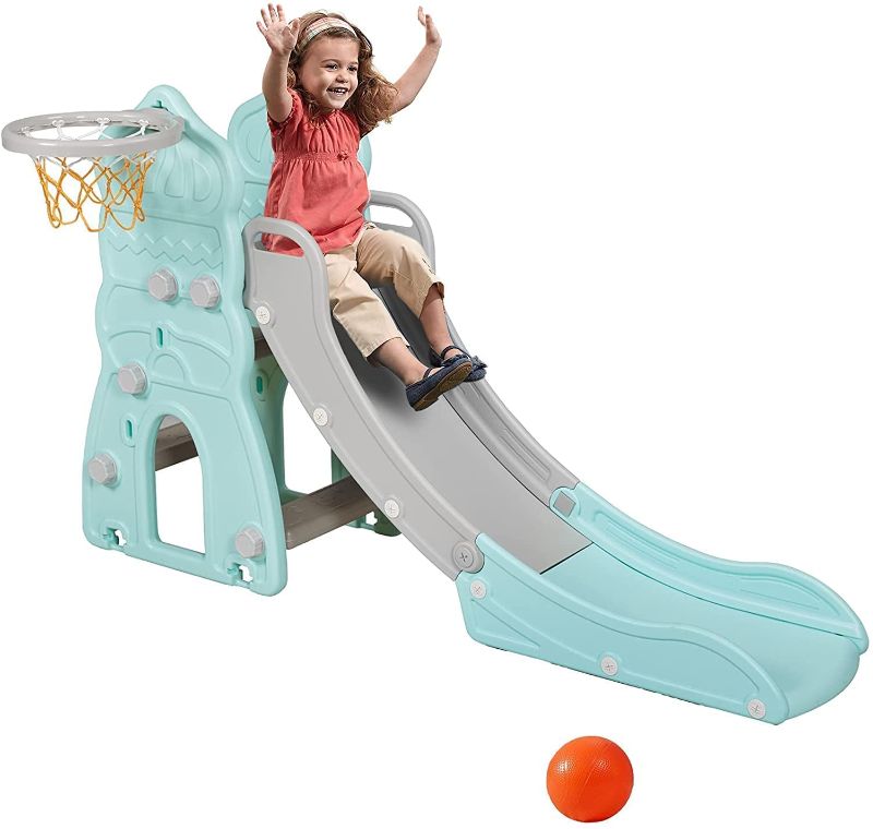 Photo 1 of Papababe 3 in 1 Slide for Kids, Slipping Slide Climber, Extra Long Slide Slope with Basketball Hoop, Indoor Outdoor Backyard Use, First Slide for Boys and Girls(Green)
