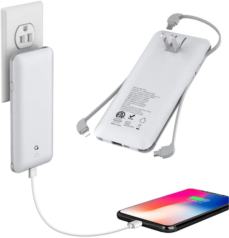 Photo 1 of 10000mAh Q Portable Charger, Ultra Slim USB C Power Bank, 4 Output Dual Input External Battery Pack with Built-in AC Wall Plug,Built in Micro and USB C Three Cables Compatible with All mobilephone
