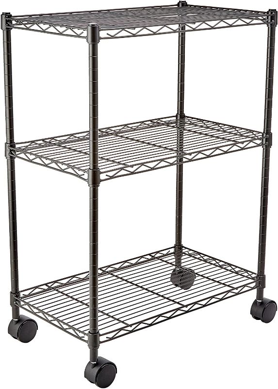 Photo 1 of Amazon Basics 3-Shelf Adjustable, Heavy Duty Storage Shelving Unit on 4'' Wheel Casters, Metal Organizer Wire Rack, Black (23.2L x 13.4W x 32.75H)
