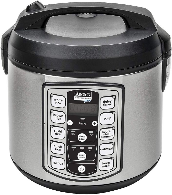 Photo 1 of Aroma Housewares ARC-5000SB Digital Rice, Food Steamer, Slow, Grain Cooker, Stainless Exterior/Nonstick Pot, 10-cup uncooked/20-cup cooked/4QT, Silver, Black