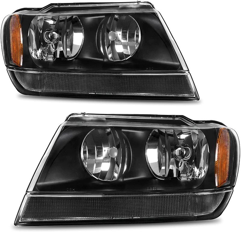 Photo 1 of AUTOSAVER88 Headlight Assembly Compatible with 1999 2000 2001 2002 2003 2004 Jeep Grand Cherokee OE Headlamp Black Housing
