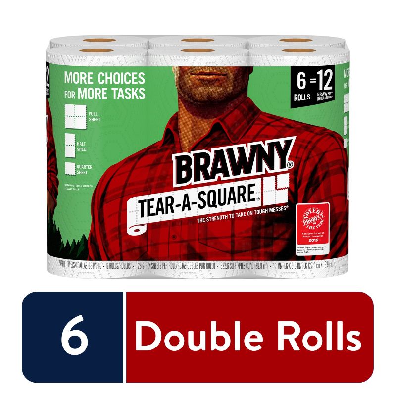 Photo 1 of Brawny Tear-a-Square Kitchen Rolls Paper Towels, 2-Ply, 128 Sheets/Roll, 6 Rolls
