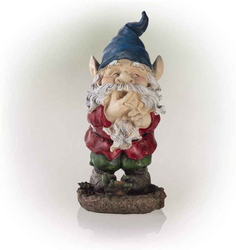 Photo 1 of Alpine Corporation WAC254 Gnome Smiling Statue Outdoor Garden, Patio, Deck, Porch-Yard Art Decoration, 7"L x 9"W x 15"H, Multicolor
