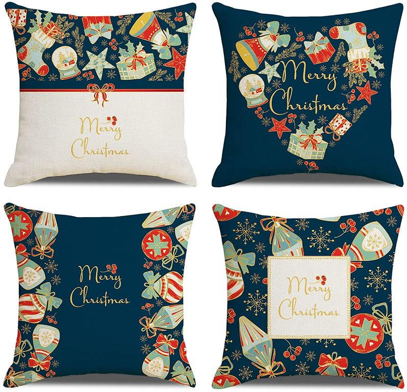 Photo 1 of Christmas Pillow Covers 18×18 Inch, Navy Blue Winter Holiday Decorations Throw Pillowcase, Cotton Linen Merry Christmas Pillow Covers for Home Decor Set of 4

