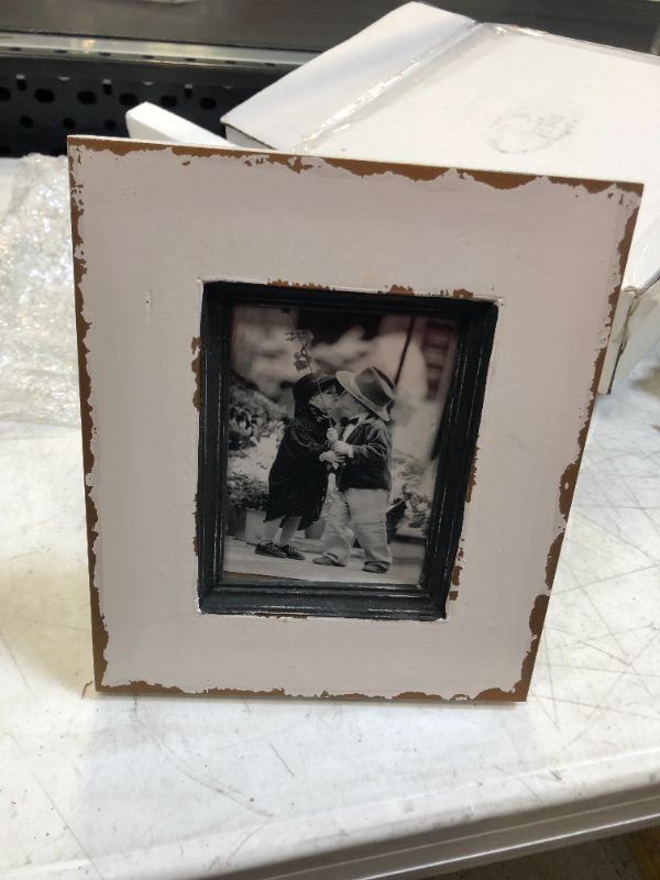 Photo 2 of Distressed White Picture Frame - 4"x 5"opening - Farmhouse Picture Frame with Rustic Frame Border- Gray Trim with Real Glass - Cute Coastal Beach Frame - suit Living Room & Bedroom Decor - Wall or Table Top.
